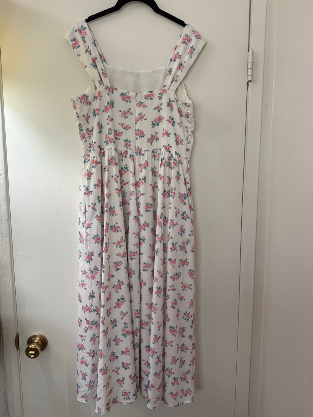 Floral White Maxi Dress with Pink Rose Print - Picture 2 of 3